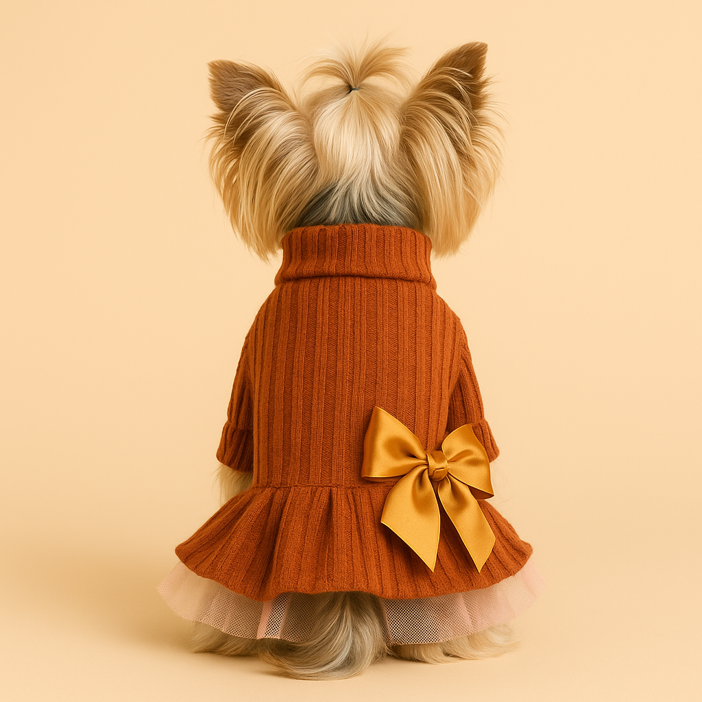 Vestido cuello alto tejido + tul