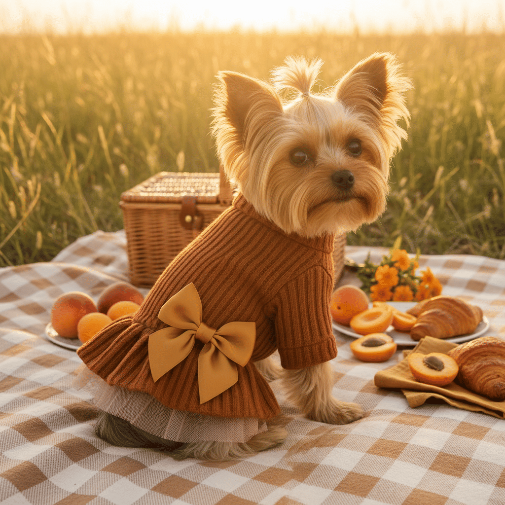 Dog in a brown sweater with a bow standing on a picnic blanket with food and flowers.
