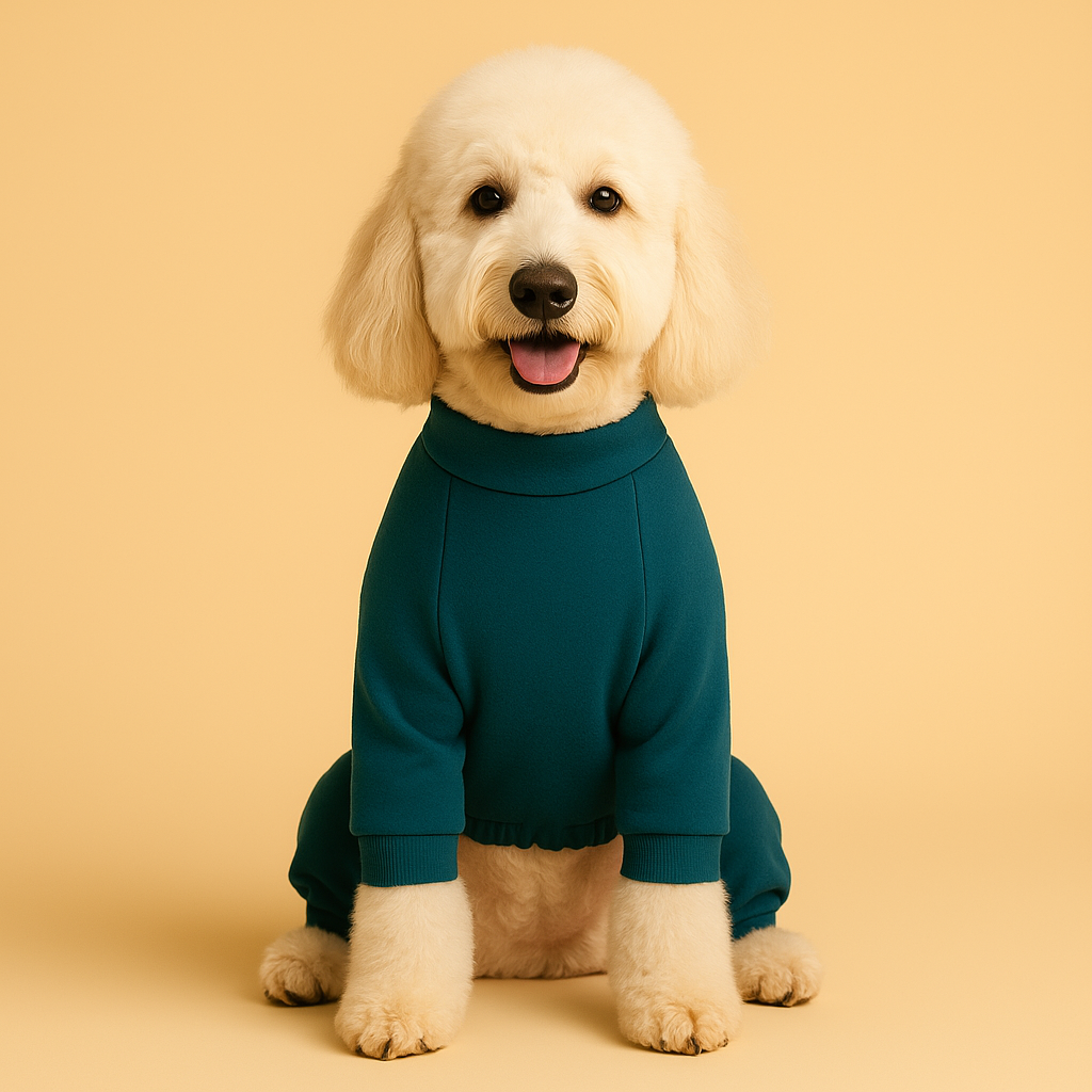 White dog wearing a teal outfit on a beige background