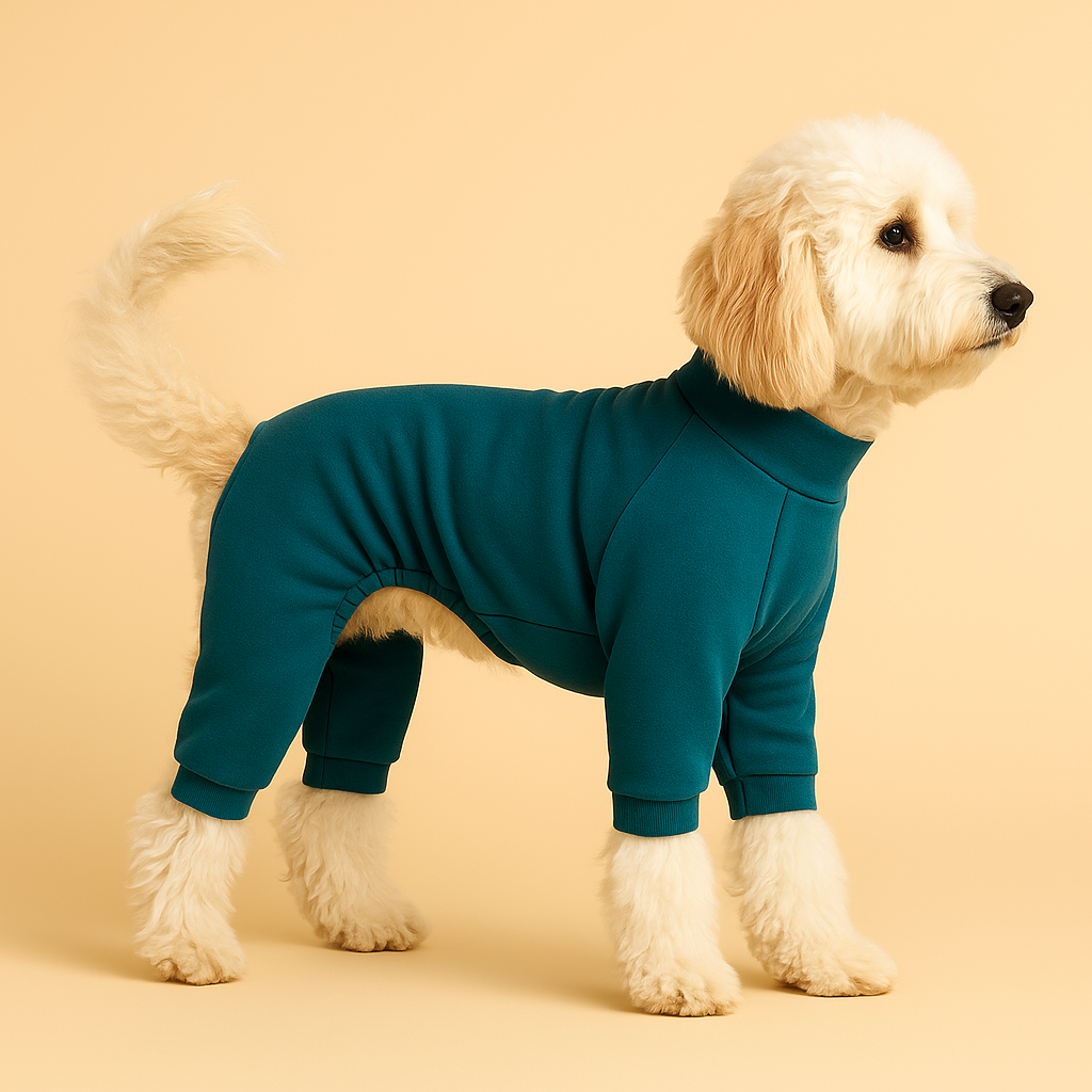 A dog wearing a teal one-piece Pijama on a beige background