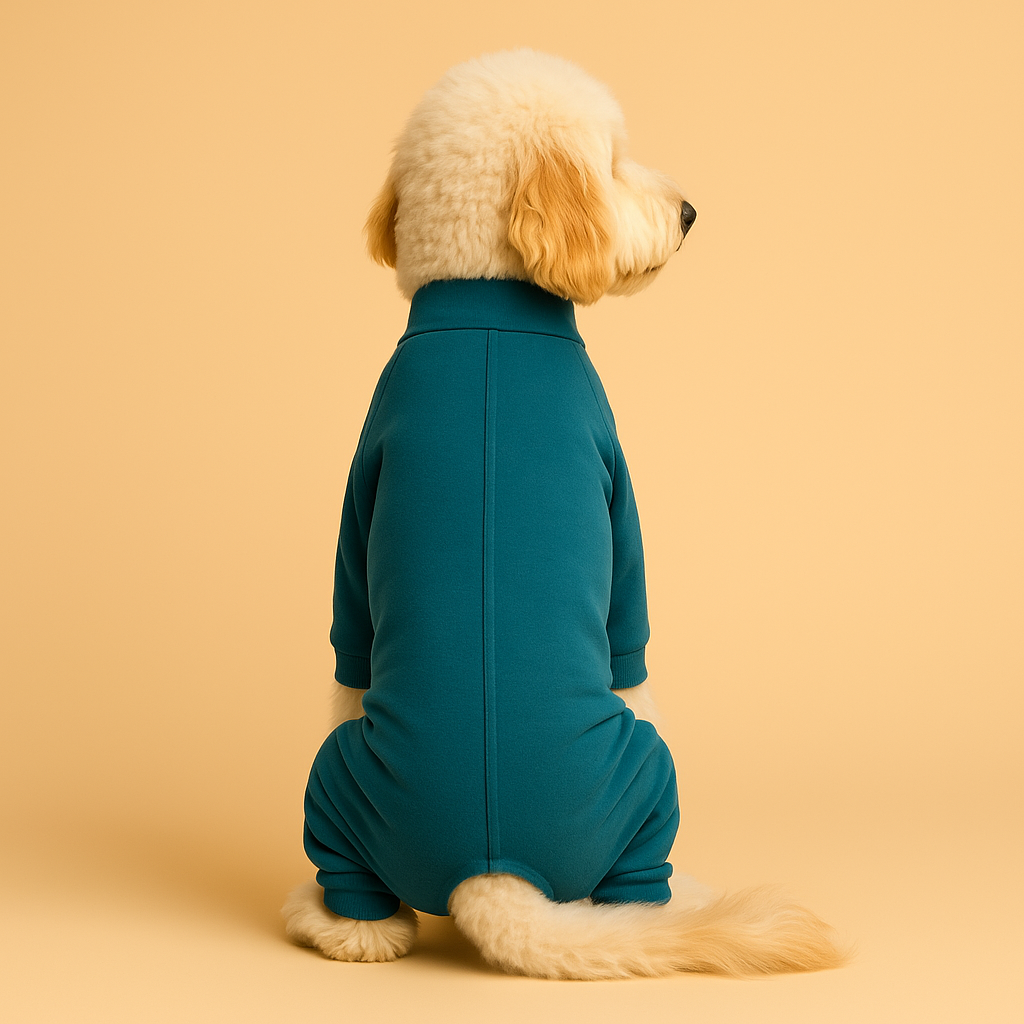 Dog wearing a teal one-piece pijama on a beige background