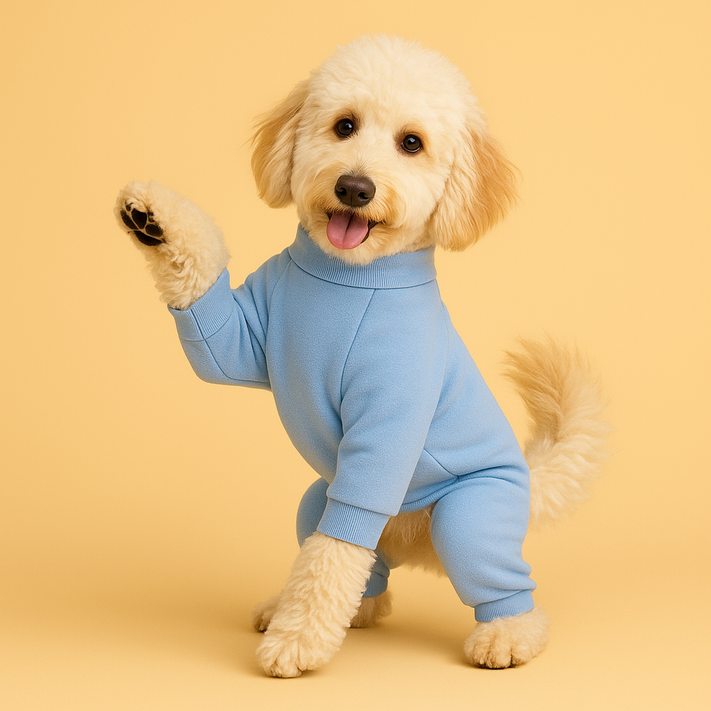 A dog wearing a light blue pijama on a beige background